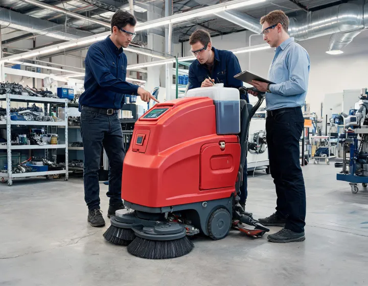 Comac design and assembly team reviewing a commercial floor scrubber