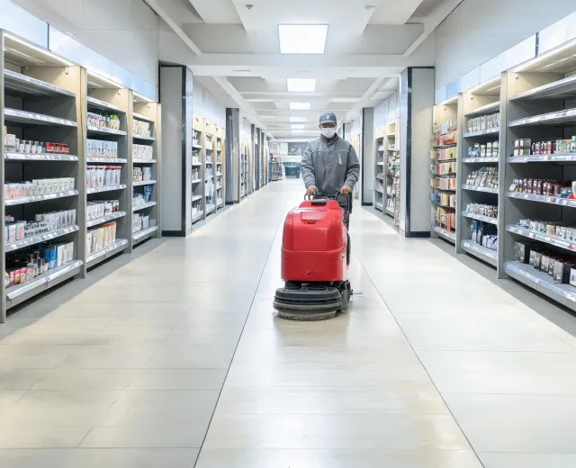 Operator using a walk-behind scrubber in a retail corridor