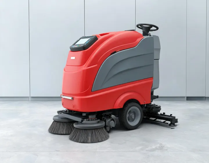 Close view of a commercial scrubber deck and squeegee system
