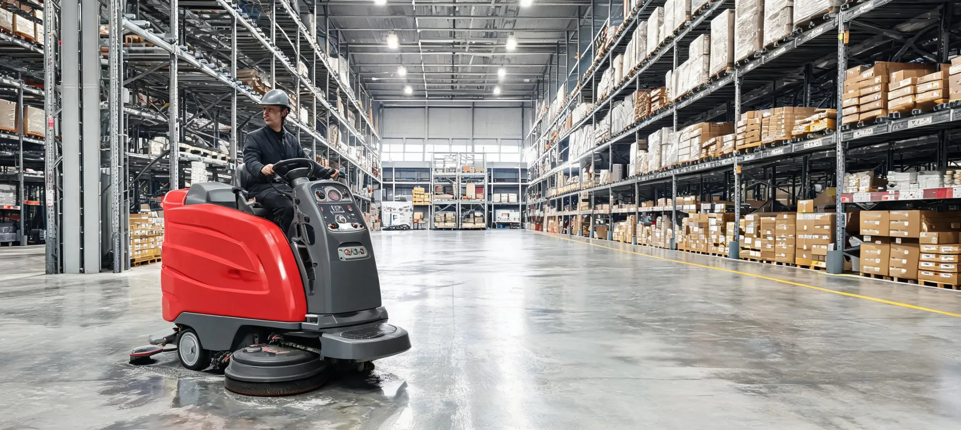 Comac floor scrubber working across a logistics facility