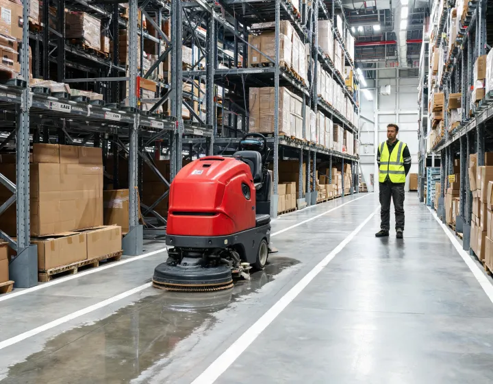 Ride-on scrubber operating in a mixed warehouse and retail environment
