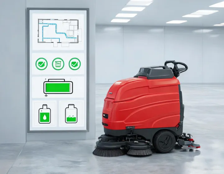 Digital dashboard beside a red commercial floor scrubber
