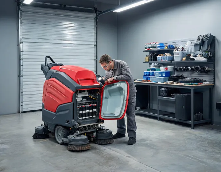 Technician inspecting a Comac floor scrubber in a service bay