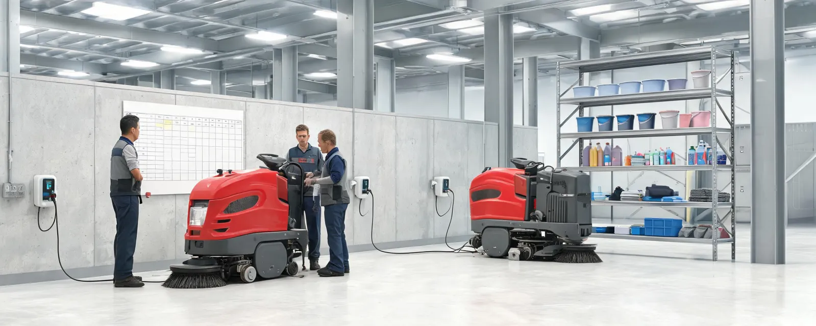 Commercial cleaning team preparing scrubbers before a shift